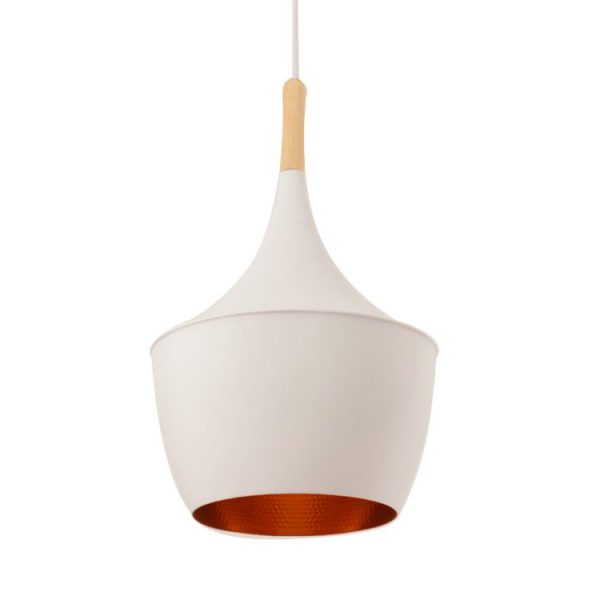 Lámpara colgante color blanco con interior dorada, y detalle de madera, lámpara de comedor, lámpara de living, lámpara de cocina